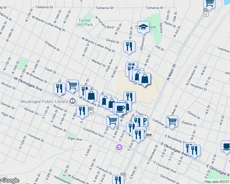 map of restaurants, bars, coffee shops, grocery stores, and more near 520 Denison Street in Muskogee