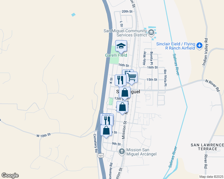 map of restaurants, bars, coffee shops, grocery stores, and more near 1320 K Street in San Miguel