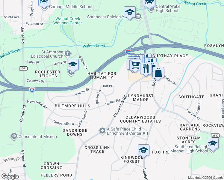 map of restaurants, bars, coffee shops, grocery stores, and more near 2009 Waters Drive in Raleigh