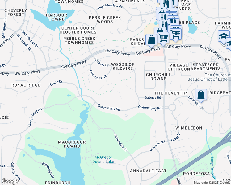 map of restaurants, bars, coffee shops, grocery stores, and more near 1505 Primrose Lane in Cary