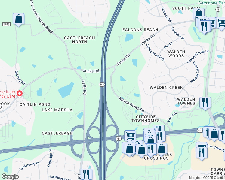 map of restaurants, bars, coffee shops, grocery stores, and more near Western Wake Freeway in Apex