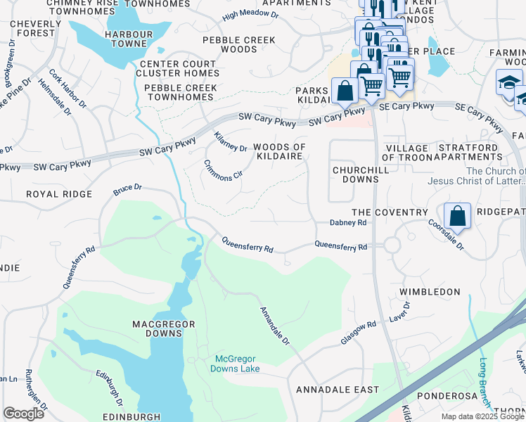 map of restaurants, bars, coffee shops, grocery stores, and more near 1505 Primrose Lane in Cary