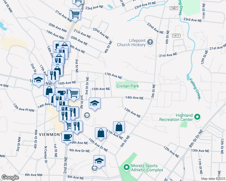 map of restaurants, bars, coffee shops, grocery stores, and more near 1450 4th Street Drive Northeast in Hickory
