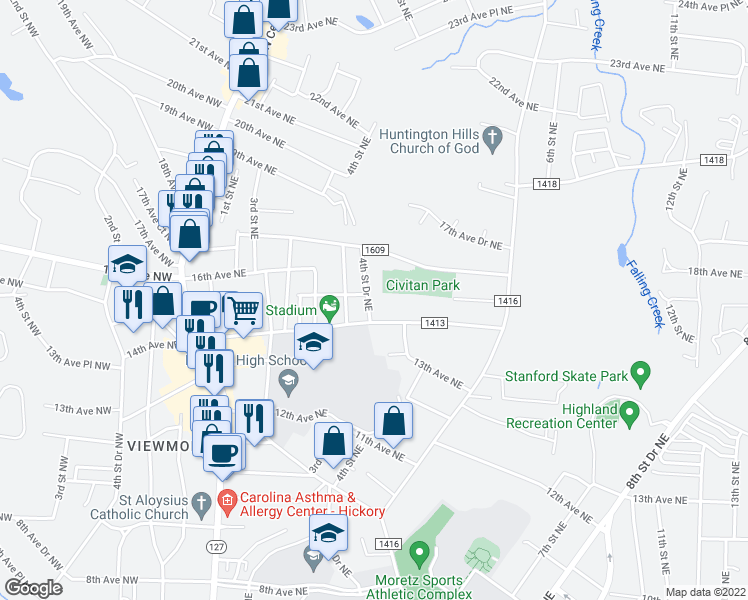 map of restaurants, bars, coffee shops, grocery stores, and more near 1450 4th St Dr NE in Hickory