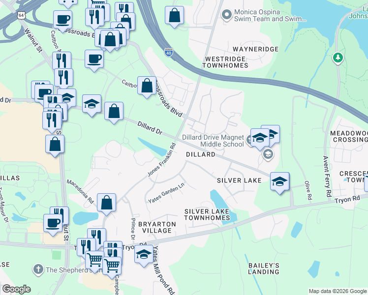 map of restaurants, bars, coffee shops, grocery stores, and more near 5409 Dillard Drive in Raleigh
