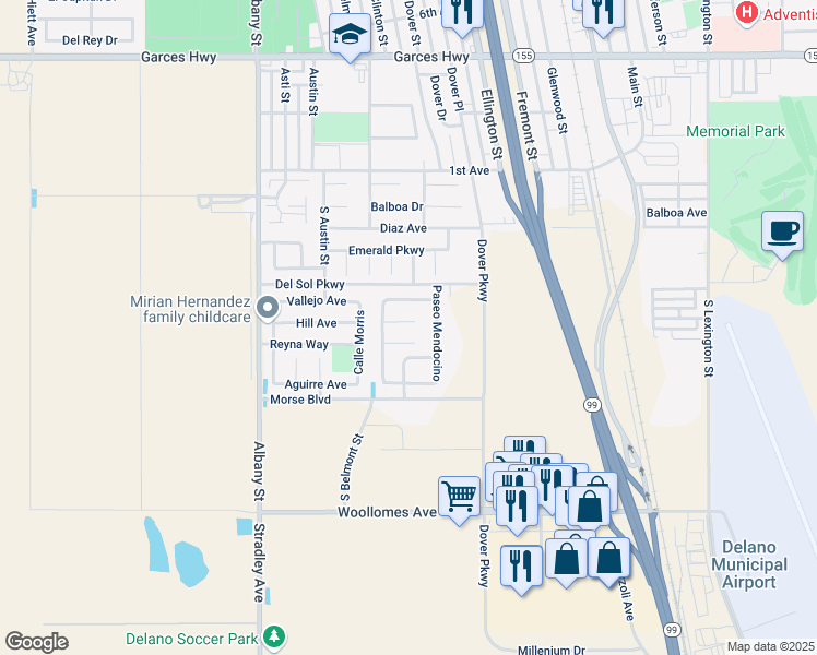 map of restaurants, bars, coffee shops, grocery stores, and more near Moonstone Beach Court in Delano