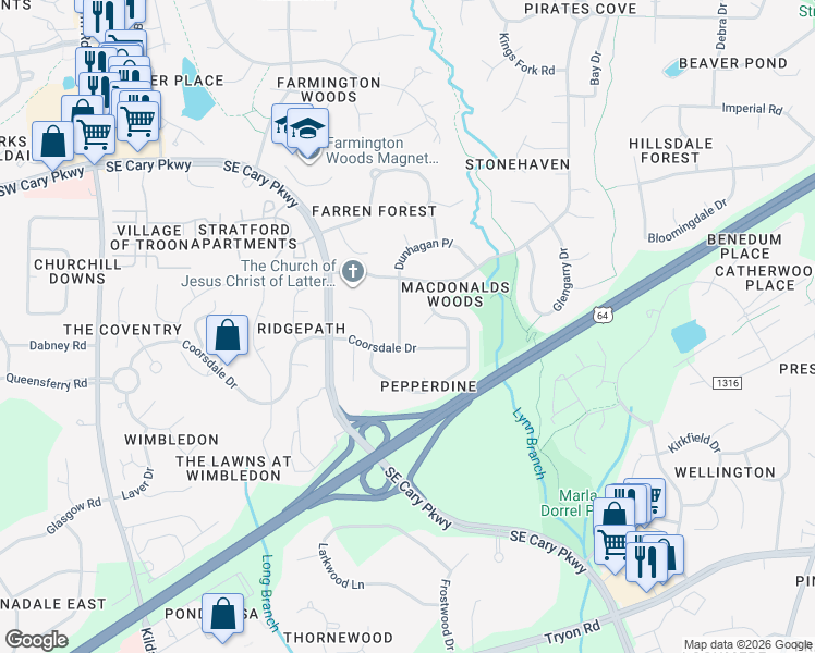 map of restaurants, bars, coffee shops, grocery stores, and more near 313 Dunhagan Place in Cary