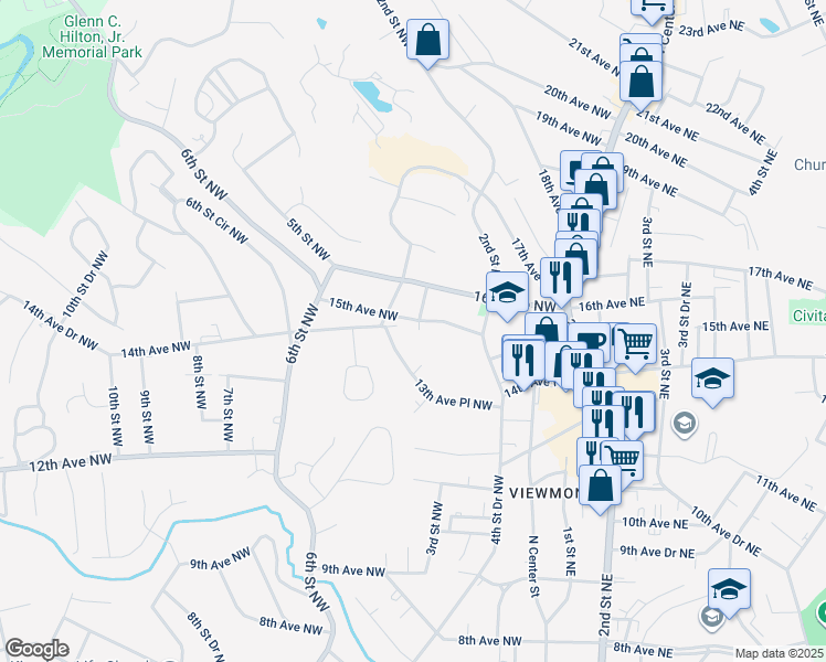 map of restaurants, bars, coffee shops, grocery stores, and more near 301 15th Avenue Northwest in Hickory