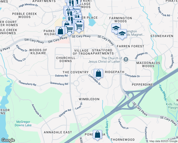 map of restaurants, bars, coffee shops, grocery stores, and more near 104 Connors Circle in Cary