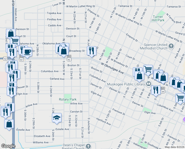 map of restaurants, bars, coffee shops, grocery stores, and more near 309 South Junction Street in Muskogee