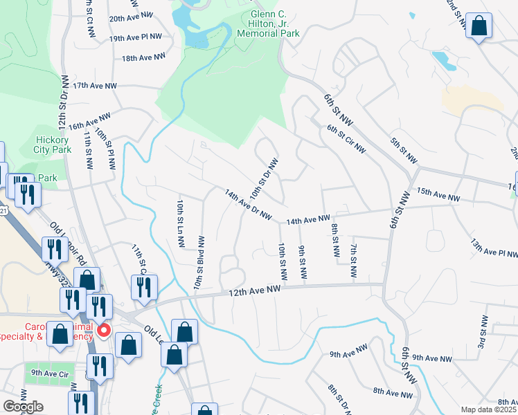map of restaurants, bars, coffee shops, grocery stores, and more near 1026 14th Avenue Drive Northwest in Hickory