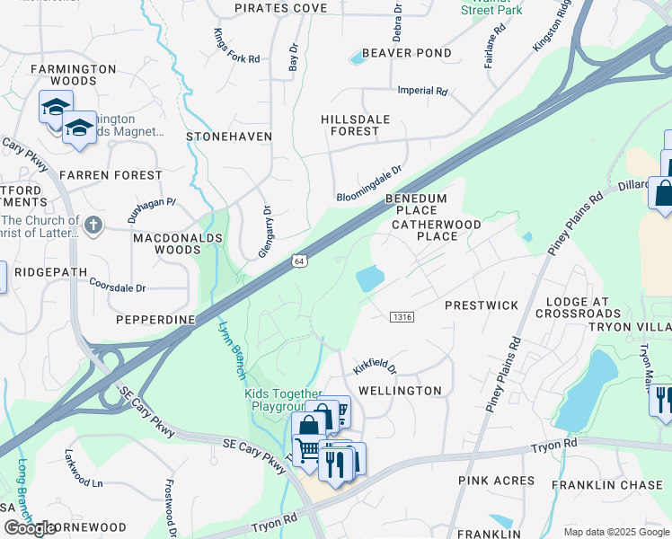 map of restaurants, bars, coffee shops, grocery stores, and more near 5112 Rina Court in Cary