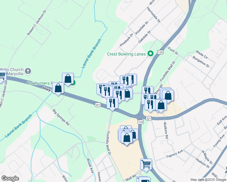 map of restaurants, bars, coffee shops, grocery stores, and more near 763 Casey Lane in Maryville