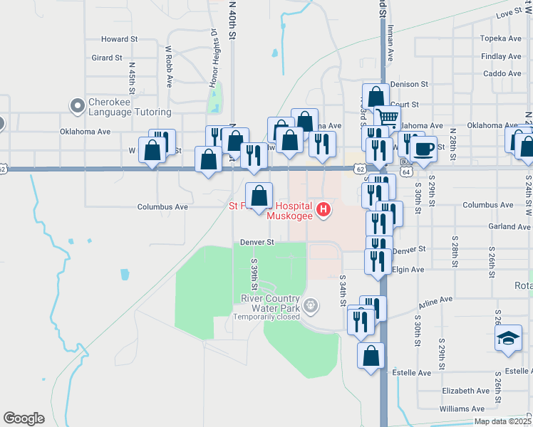 map of restaurants, bars, coffee shops, grocery stores, and more near 344 South 38th Street in Muskogee
