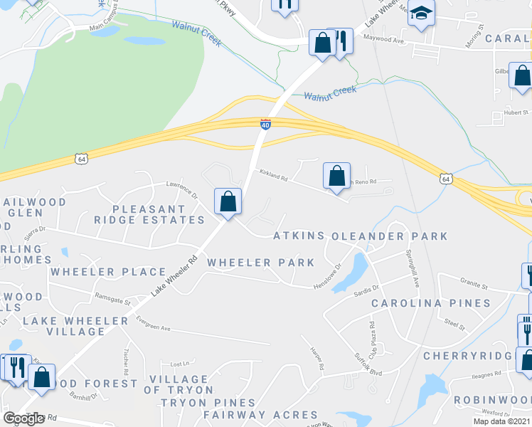 map of restaurants, bars, coffee shops, grocery stores, and more near 1521 Creekwood Court in Raleigh
