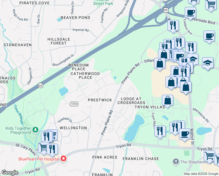 map of restaurants, bars, coffee shops, grocery stores, and more near 928 Bentbury Way in Cary