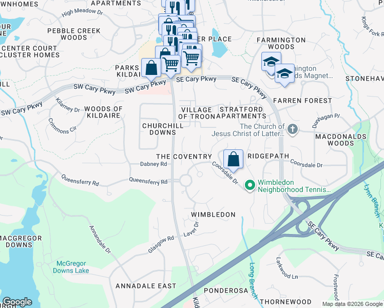 map of restaurants, bars, coffee shops, grocery stores, and more near 103 Kettering Lane in Cary
