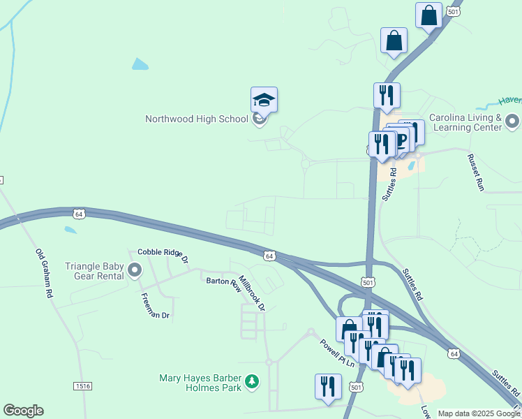map of restaurants, bars, coffee shops, grocery stores, and more near 98 Pine Wood Drive in Siler City