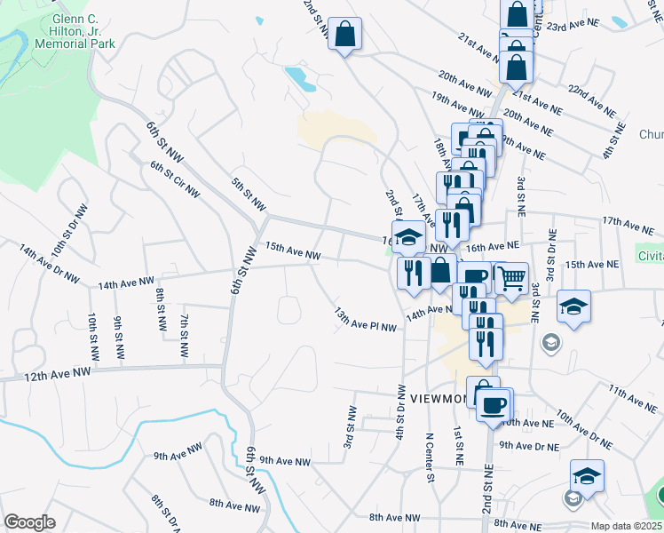 map of restaurants, bars, coffee shops, grocery stores, and more near 301 15th Avenue Northwest in Hickory