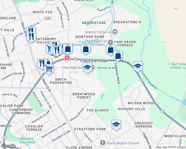 map of restaurants, bars, coffee shops, grocery stores, and more near 500 Harrison Drive North in Wilson