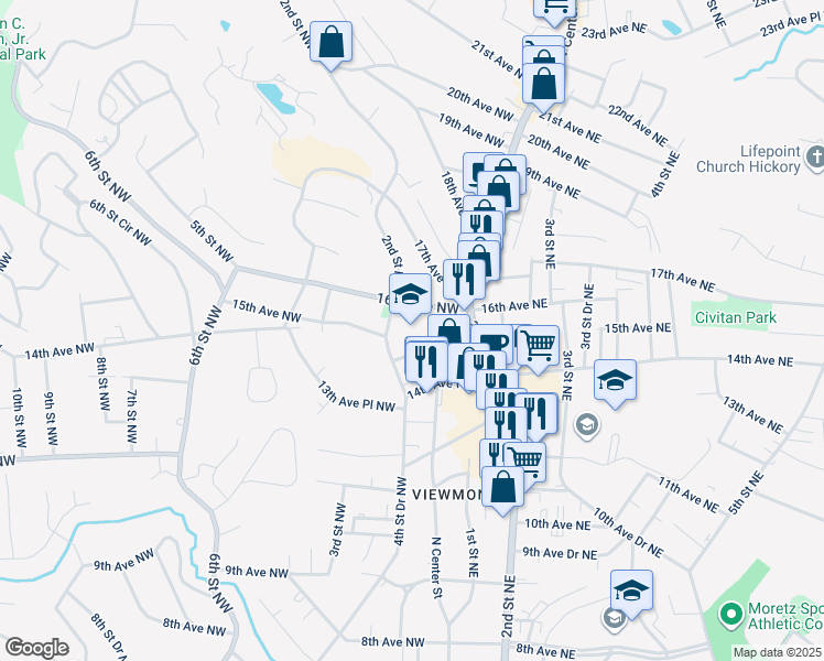 map of restaurants, bars, coffee shops, grocery stores, and more near 21 16th Avenue Northwest in Hickory