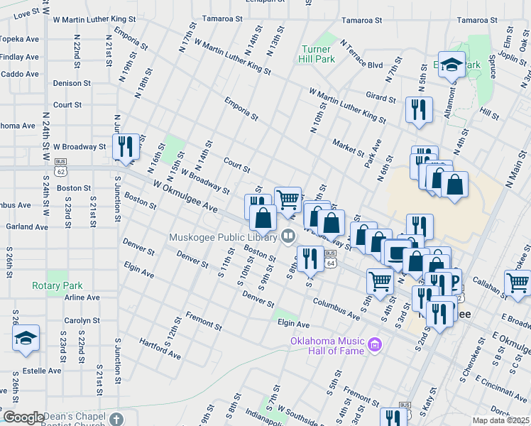map of restaurants, bars, coffee shops, grocery stores, and more near 1001 West Broadway Street in Muskogee