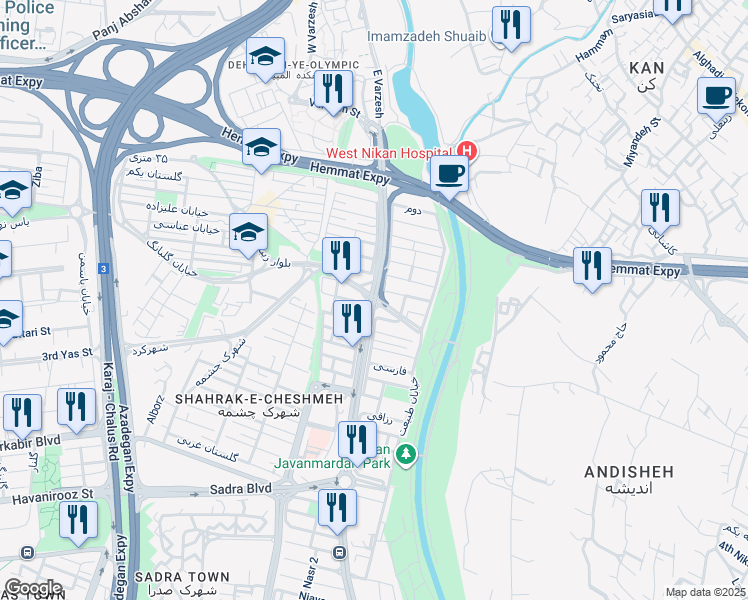 map of restaurants, bars, coffee shops, grocery stores, and more near Dehkadeh Olympic Boulevard in Tehran