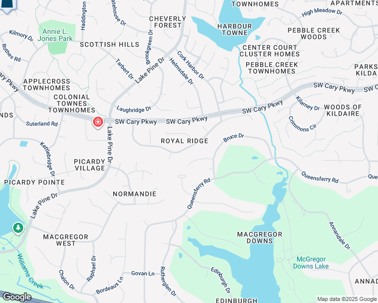 map of restaurants, bars, coffee shops, grocery stores, and more near 303 King George Loop in Cary