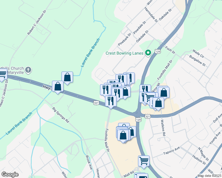 map of restaurants, bars, coffee shops, grocery stores, and more near 767 Casey Lane in Maryville
