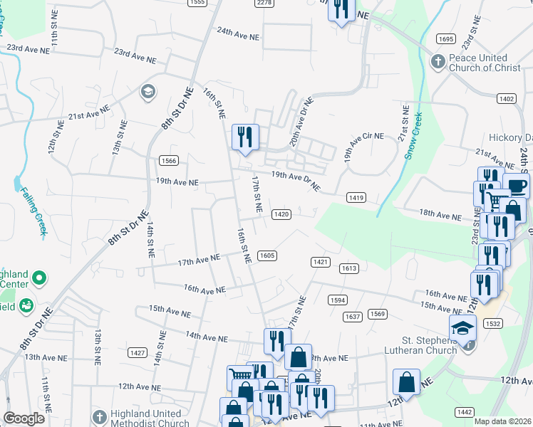 map of restaurants, bars, coffee shops, grocery stores, and more near 1710 18th Avenue Northeast in Hickory
