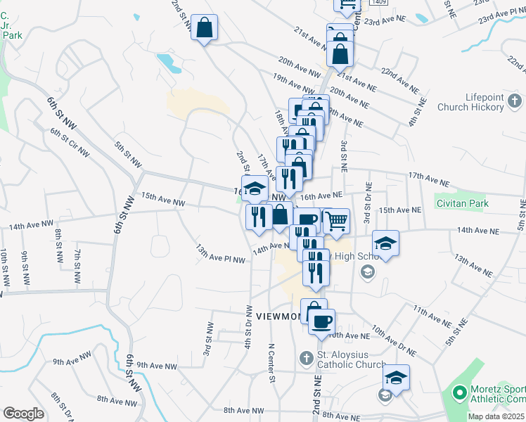 map of restaurants, bars, coffee shops, grocery stores, and more near 21 16th Avenue Northwest in Hickory