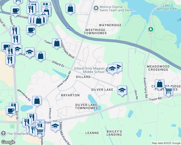 map of restaurants, bars, coffee shops, grocery stores, and more near 5436 Viewcrest Way in Raleigh