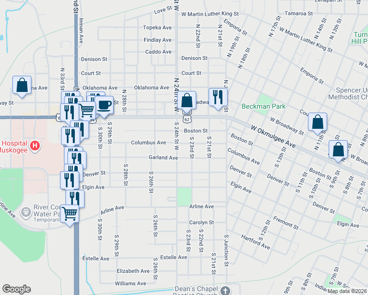 map of restaurants, bars, coffee shops, grocery stores, and more near 2300 Garland Street in Muskogee