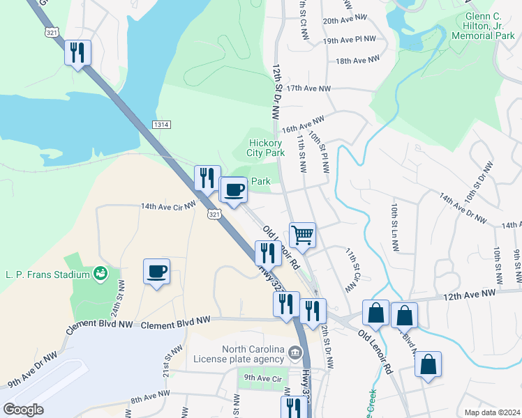 map of restaurants, bars, coffee shops, grocery stores, and more near 1460 Old Lenoir Road in Hickory
