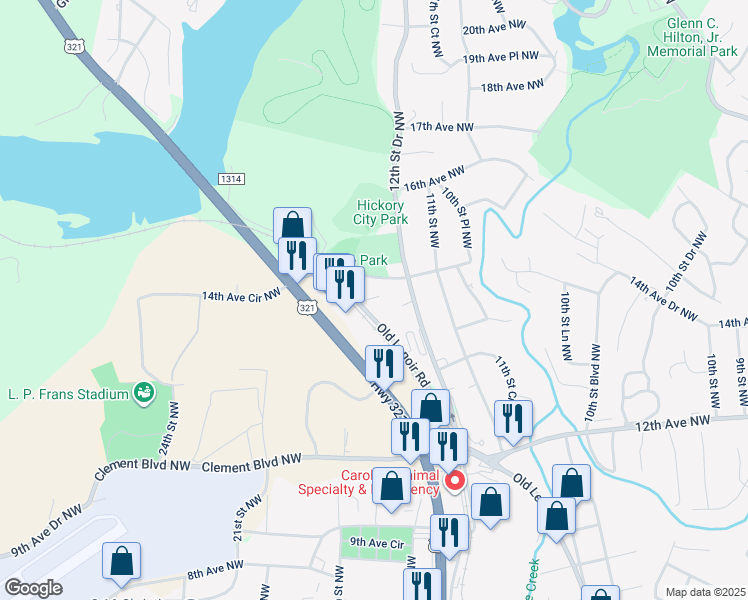map of restaurants, bars, coffee shops, grocery stores, and more near 1460 Old Lenoir Road in Hickory