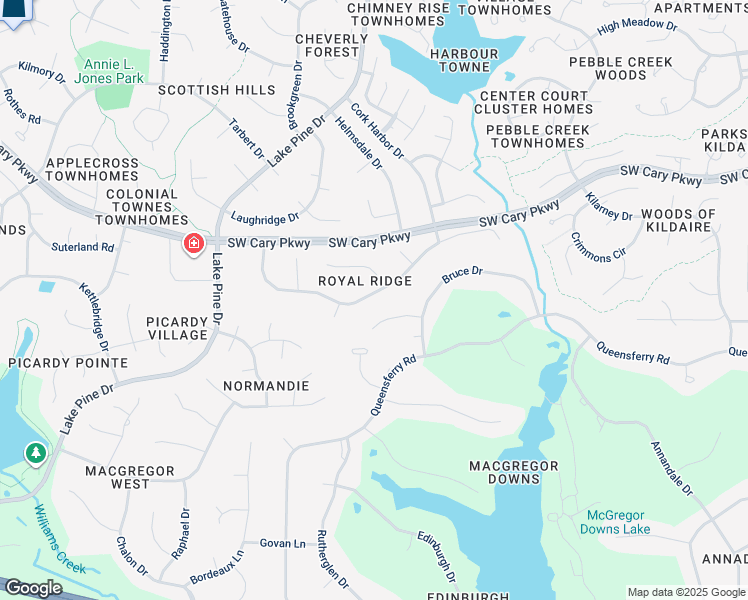 map of restaurants, bars, coffee shops, grocery stores, and more near 303 King George Loop in Cary