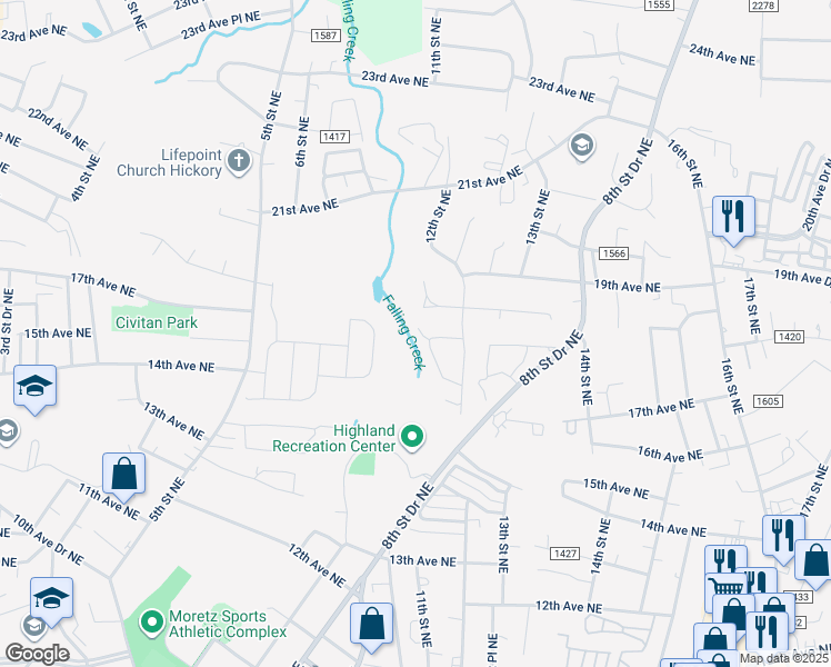 map of restaurants, bars, coffee shops, grocery stores, and more near 1777 12th Street Northeast in Hickory
