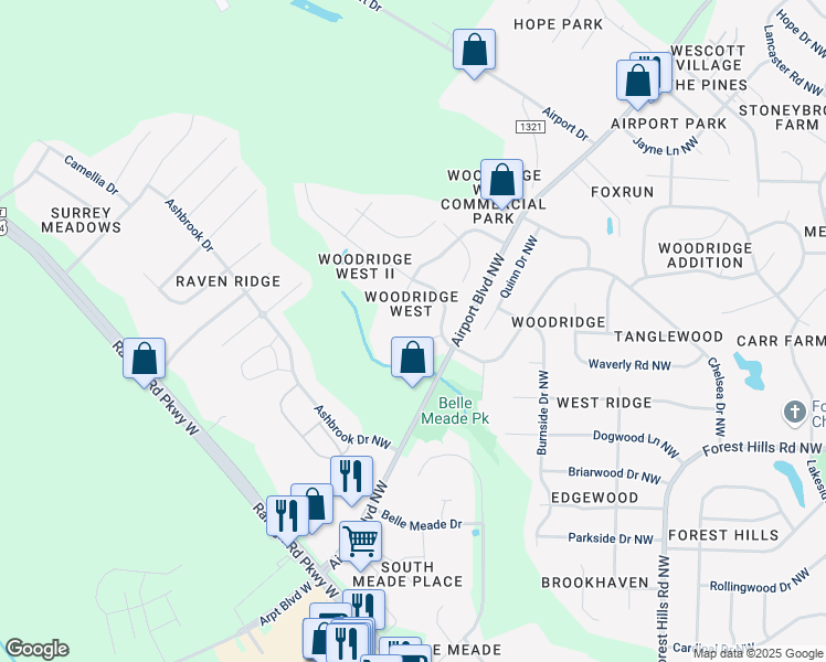 map of restaurants, bars, coffee shops, grocery stores, and more near 2302 Sutton Place Northwest in Wilson