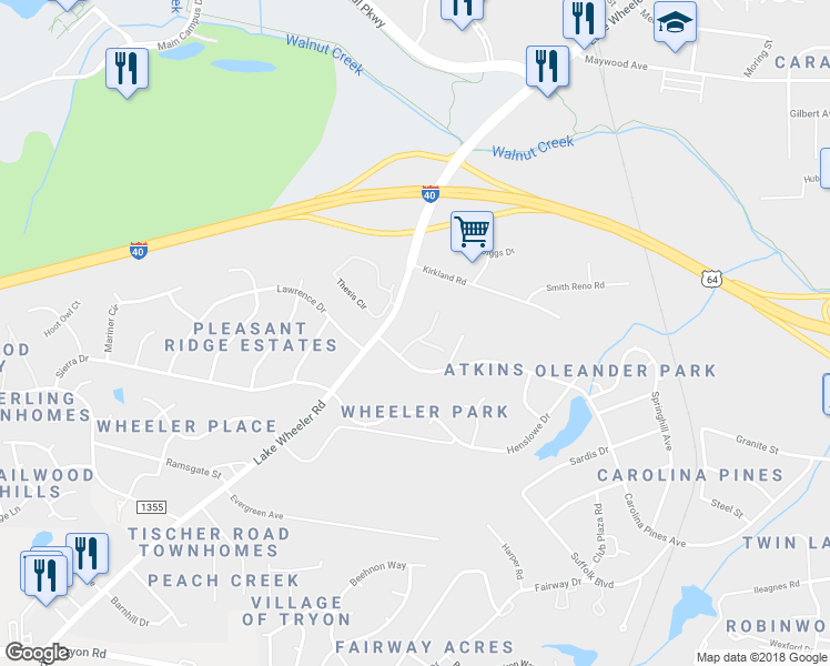 map of restaurants, bars, coffee shops, grocery stores, and more near 1521 Creekwood Court in Raleigh