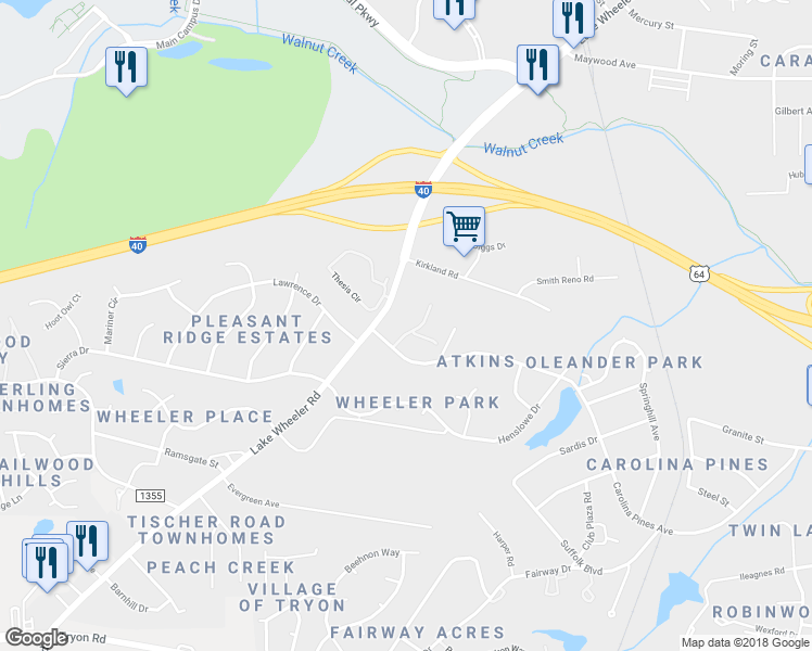 map of restaurants, bars, coffee shops, grocery stores, and more near 1521 Creekwood Court in Raleigh