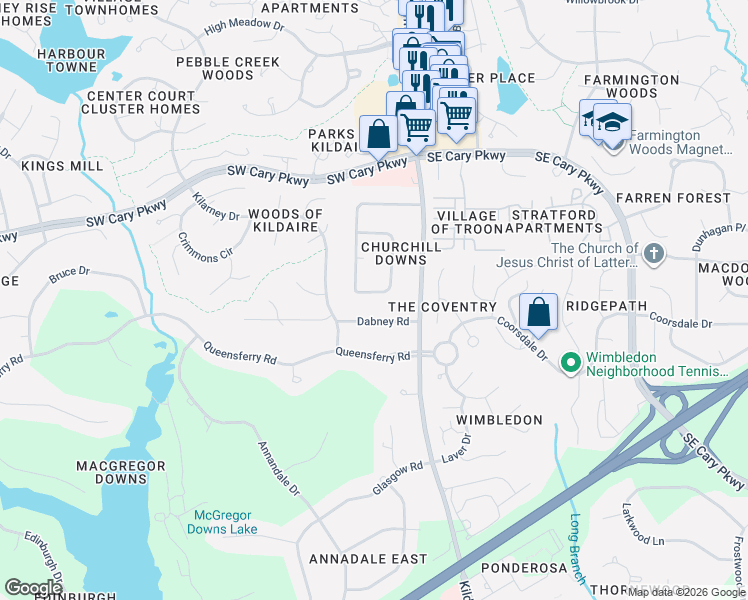 map of restaurants, bars, coffee shops, grocery stores, and more near 108 Dabney Road in Cary