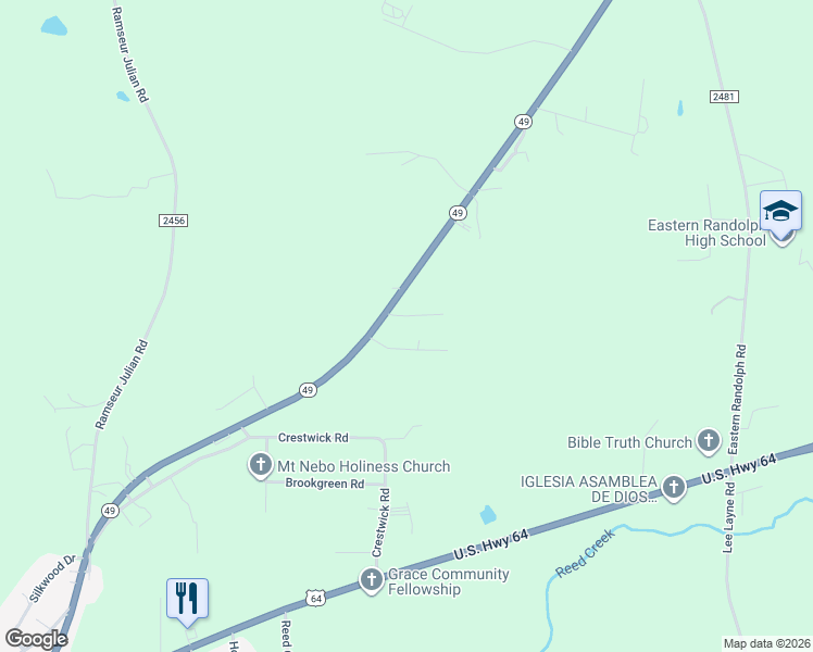 map of restaurants, bars, coffee shops, grocery stores, and more near 5157 Graves Thomas Road in Ramseur