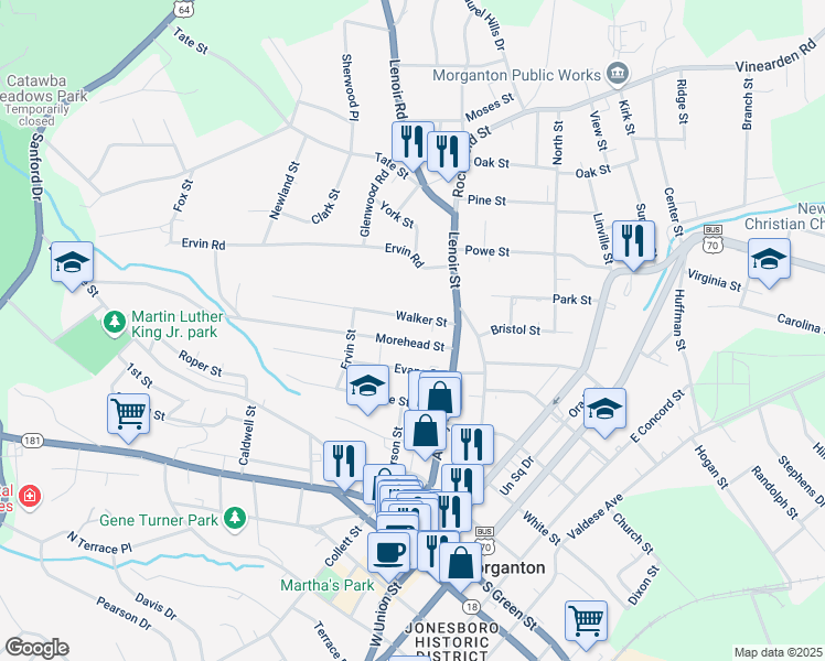 map of restaurants, bars, coffee shops, grocery stores, and more near 113 Morehead Street in Morganton