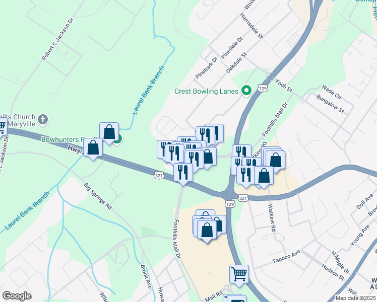 map of restaurants, bars, coffee shops, grocery stores, and more near 807 Foothills Mall Drive in Maryville