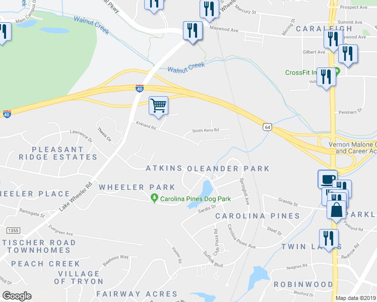 map of restaurants, bars, coffee shops, grocery stores, and more near 1317 Kirkland Rd in Raleigh