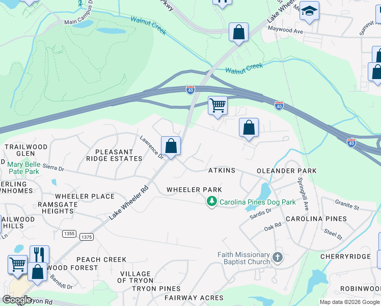 map of restaurants, bars, coffee shops, grocery stores, and more near 1521 Creekwood Court in Raleigh