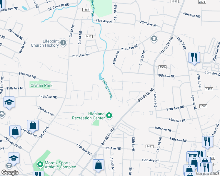 map of restaurants, bars, coffee shops, grocery stores, and more near 1777 12th Street Northeast in Hickory
