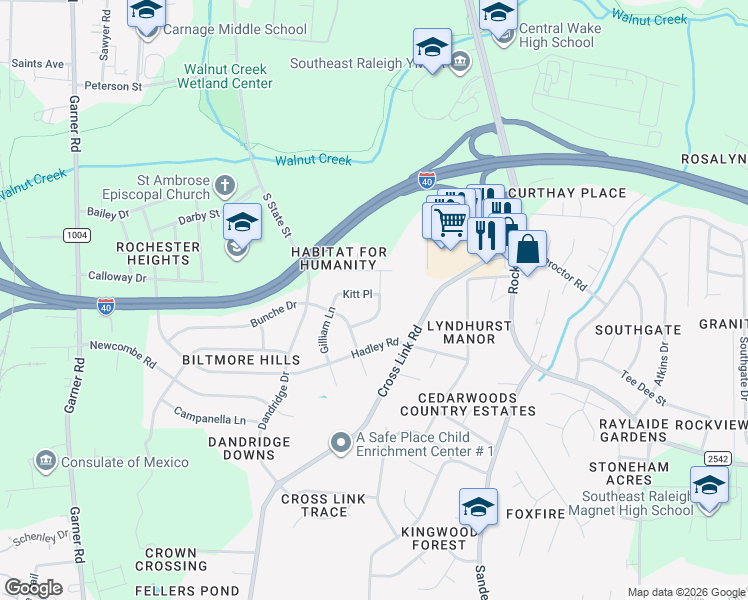map of restaurants, bars, coffee shops, grocery stores, and more near 2009 Waters Drive in Raleigh
