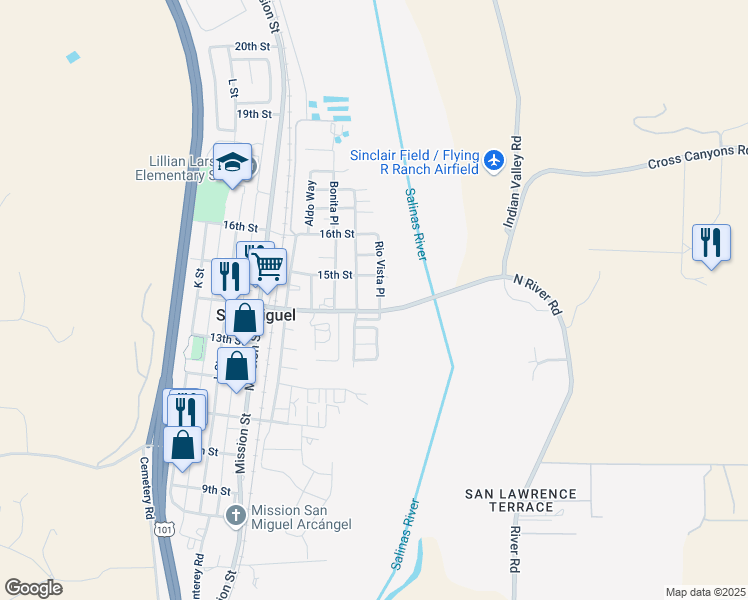 map of restaurants, bars, coffee shops, grocery stores, and more near 844 North River Road in San Miguel