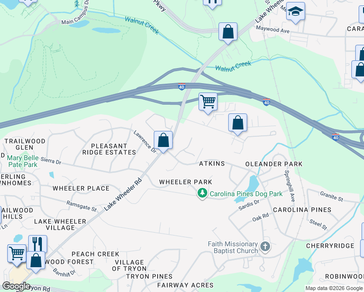 map of restaurants, bars, coffee shops, grocery stores, and more near 1521 Creekwood Court in Raleigh